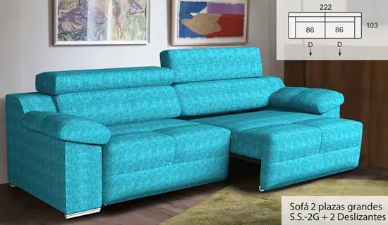 Sofa de 2 plazas deslizantes con cabezal abatible y pata baja